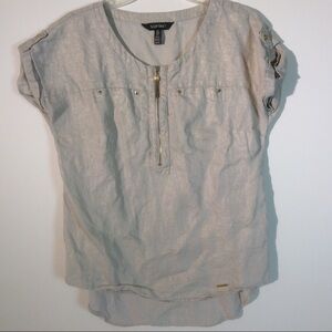 Ellen Tracy 100% Linen Beige Gold Detail Shirt Top